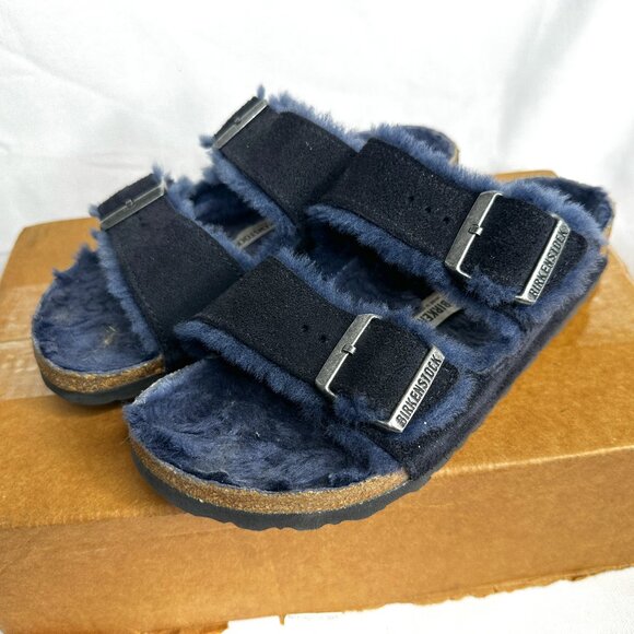 Birkenstock Shoes - Birkenstock Navy Fuzzy Sandals